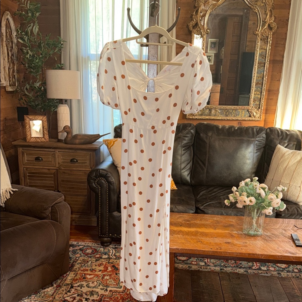 Gianni Bini White Maxi Dress with Tan Polka Dots